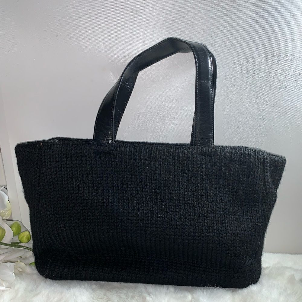 Authentic Prada Knit Leather Trim Satchel Black